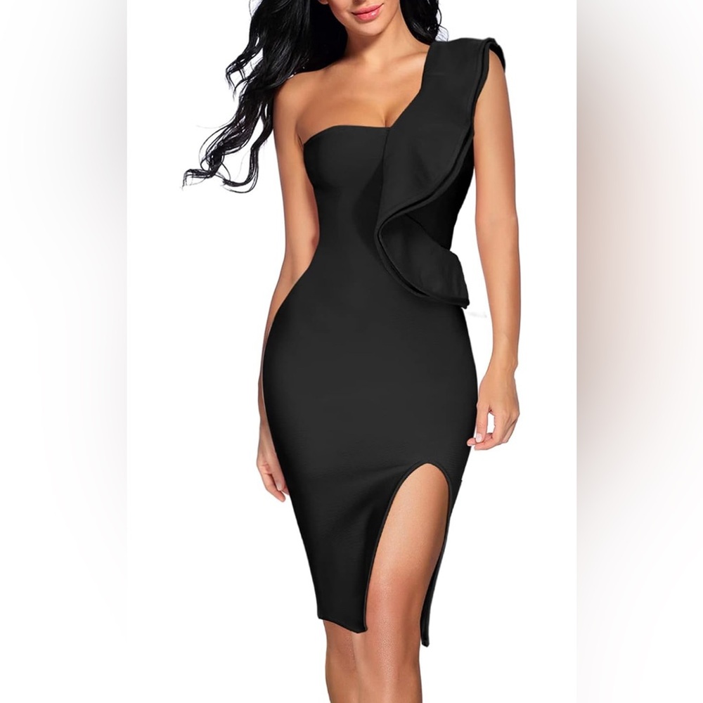 NWT HOUSTIL‎ Ruffles One Shoulder Dress Split Bodycon Bandage Dress Sz Small